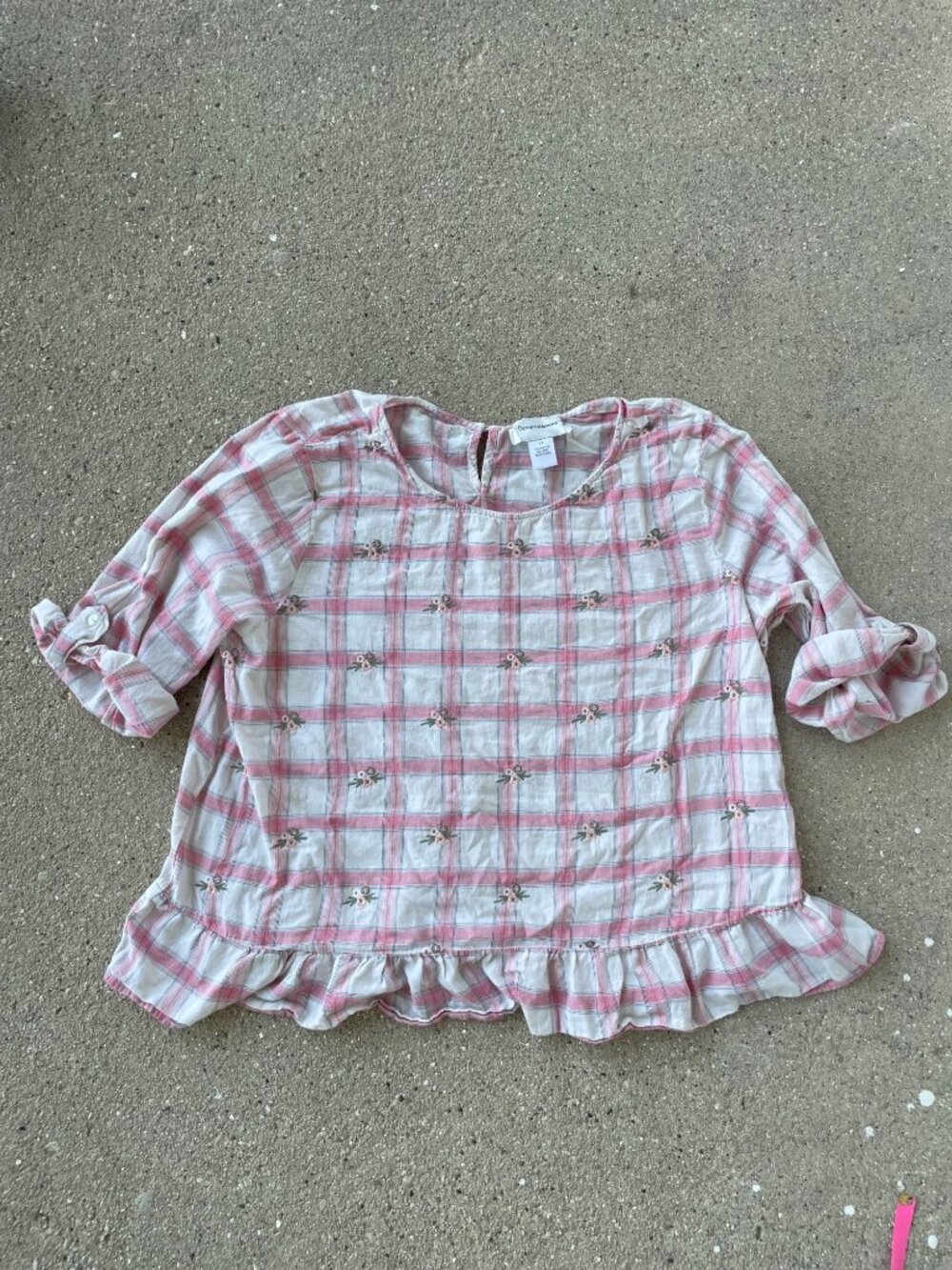 Denim Moves Blouse Top Ruffle Pink Gingham Embroidered 100% Cotton Plus Sz 2XL